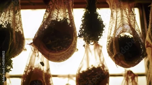 Herbs drying in mesh bags hang in warm light near windows