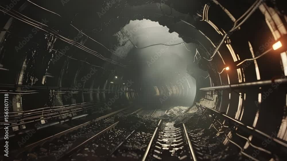 Dark underground railway tunnel with damaged metal tracks, scattered debris, and light shining through broken walls creating mysterious atmosphere