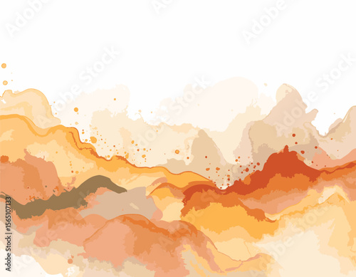 Golden Watercolor Landscape with Abstract Mountain Layers and Ink Splashes