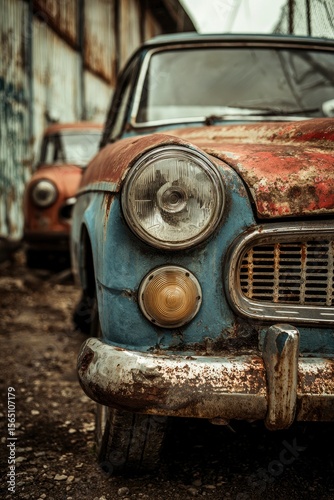 An old rusty blue and red car sits in a junkyard