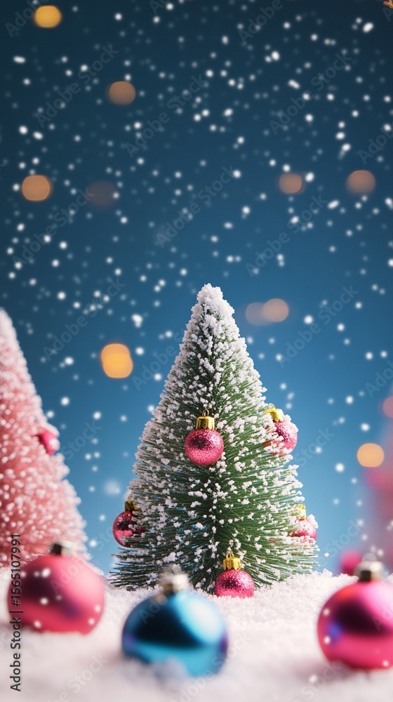 Obraz premium Magical winter wonderland scene with a frosted miniature Christmas tree adorned with colorful ornaments against a snowy blue bokeh background
