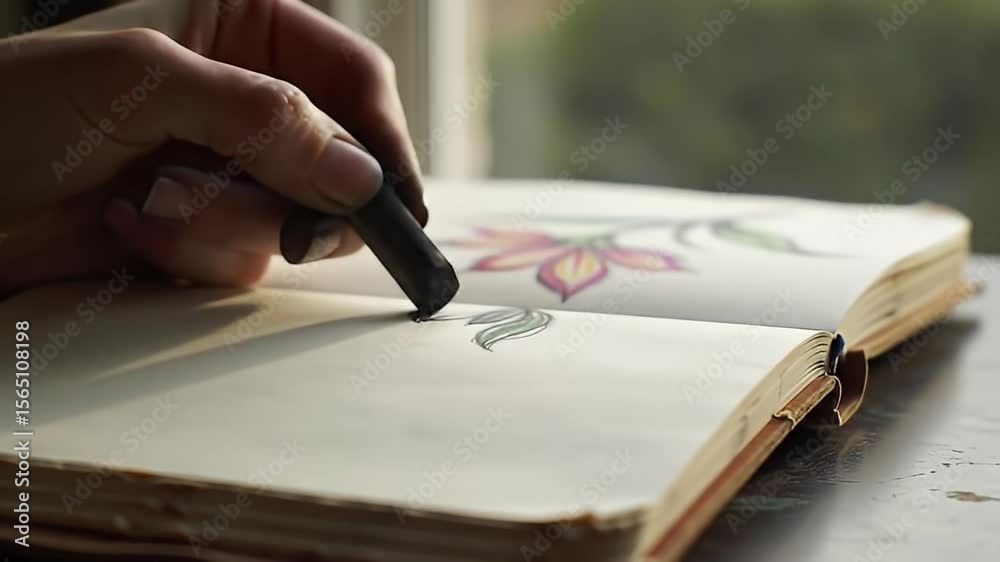 Hand holding charcoal drawing a leaf onto a sketchbook page with a floral design