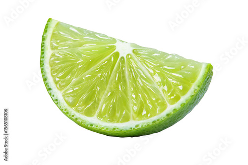 Isolated lime wedge with green rind and juicy pulp on a white background in a close up shot © Tanjil