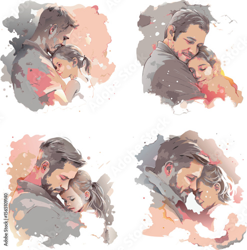 Heartwarming watercolor illustrations of a father and daughter embracing tenderly.