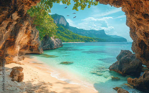 Sandy beach nestled inside a cave overlooking turquoise water
