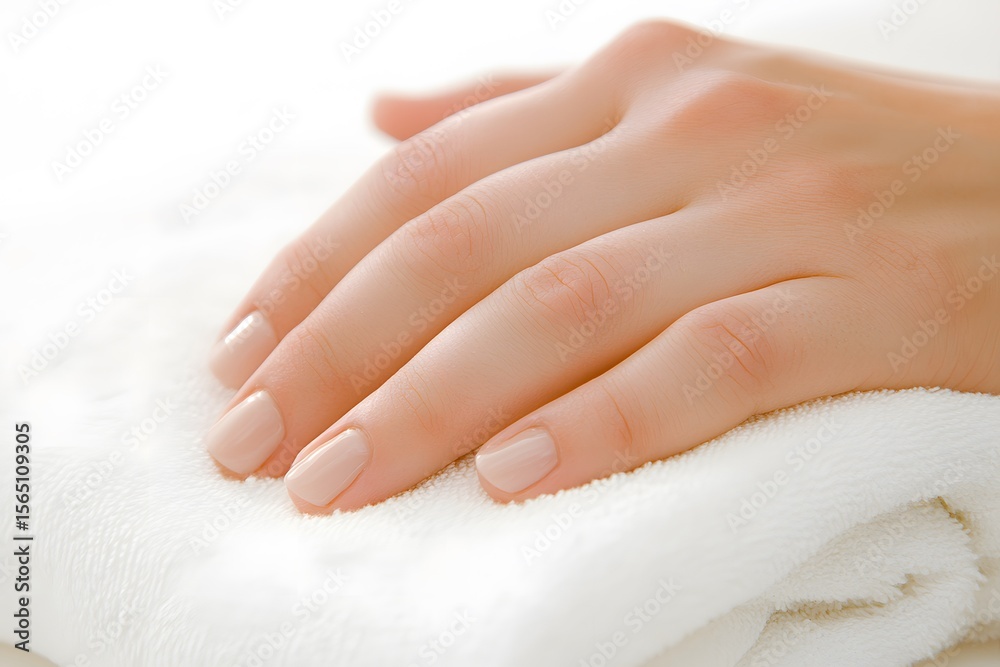Naklejka premium Elegant female hand with neatly manicured nails resting on soft white towel, showcasing beauty and relaxation in a serene spa environment with gentle lighting