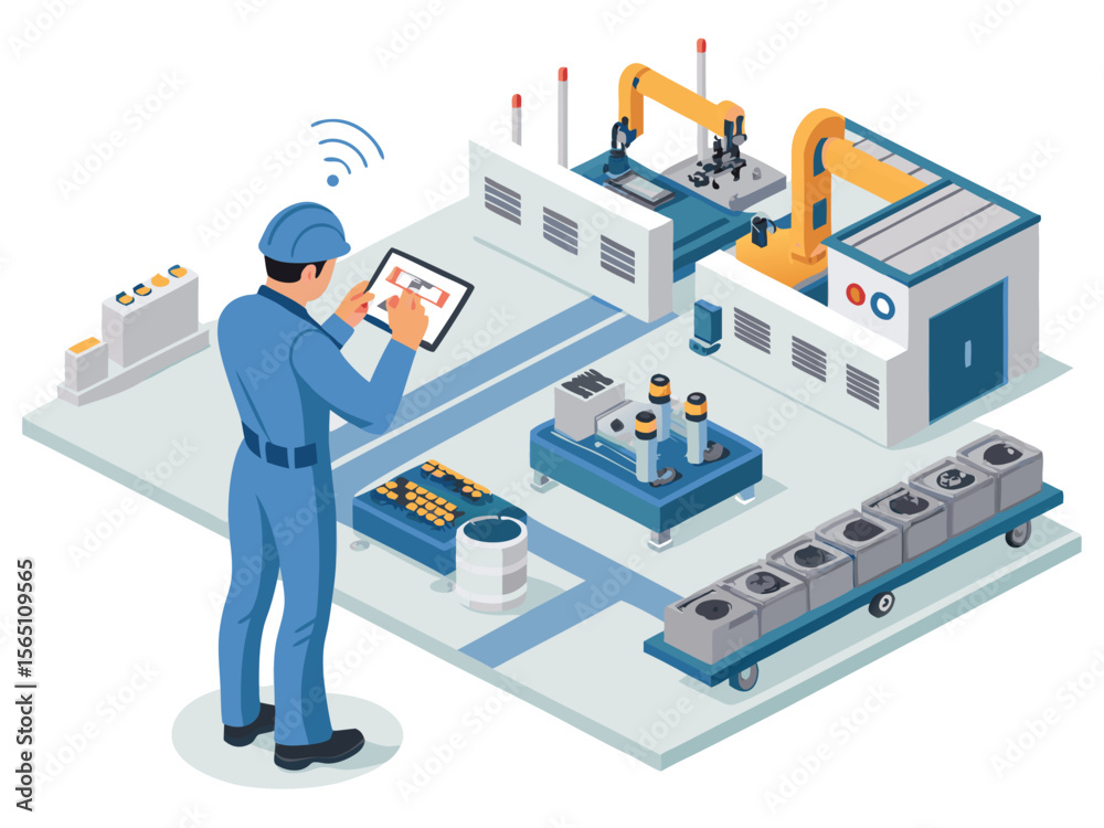 Obraz premium Isometric vector illustration of a factory building with a factory worker using a laptop, dreaming of business success and financial power