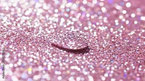 Pink glitter heart sparkles beautifully on shiny surface, creating a magical scene suitable for romantic, dreamy, or festive creative projects.