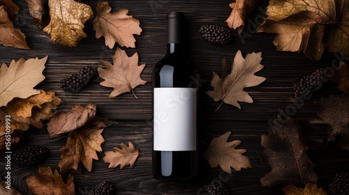 Autumnal Wine Bottle Composition: Dried Leaves, Grapes, Dark Wood.