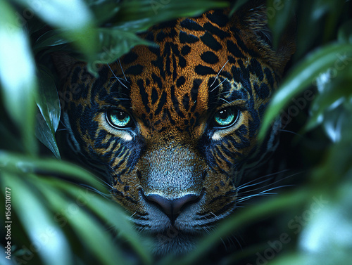 Jaguar peers through jungle foliage
