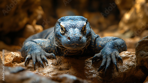 Komodo dragon rests on rocks