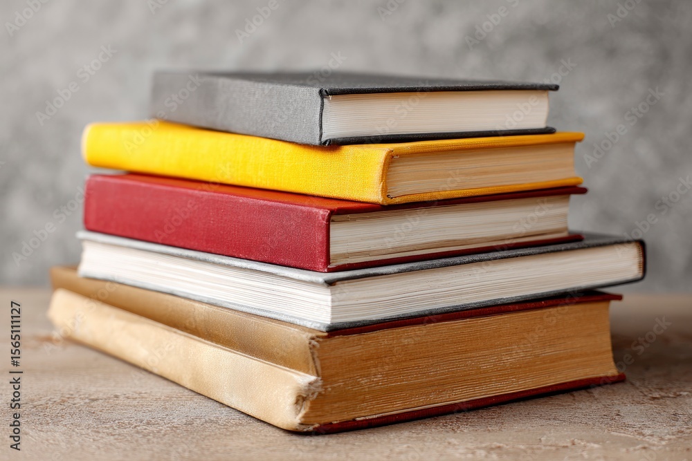 Stack of five books various colors on a textured surface against a neutral background Stack of five books various colors on a textured surface against a neutral background