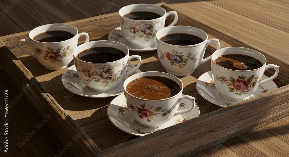 Fototapeta premium Coffee cups on wooden tray