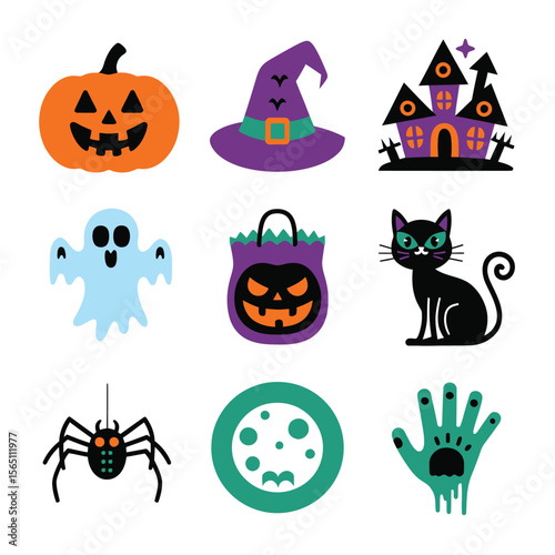 2d vector illustration Halloween t shirt icon design items ghost character Candles in carved pumpkin
