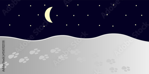 Night. Concept idea of animal tracks on the snow, moon and stars. Vector illustration.