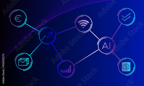 Futuristic finance infographic with AI, digital network, money, email, and data icons connected by lines. Gradient neon colors on a dark blue background. Concept of technology and business.