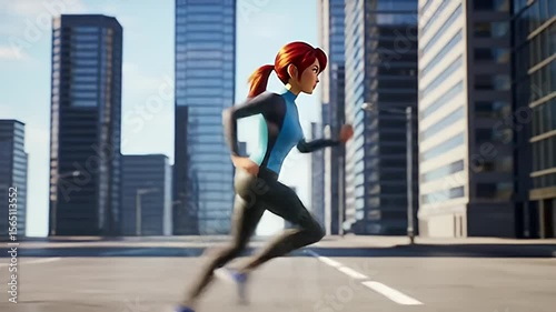 Animated woman with red hair runs through a city street of modern buildings