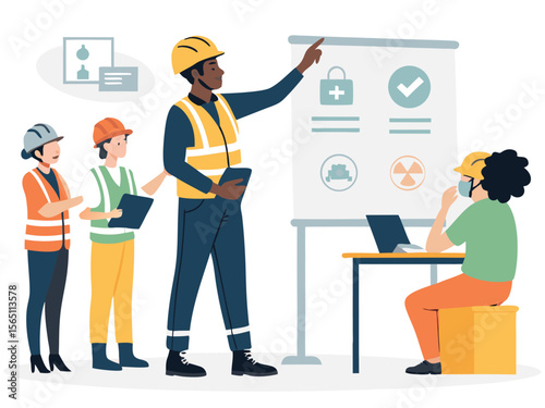 Cartoon vector illustration of construction workers and office business people at work