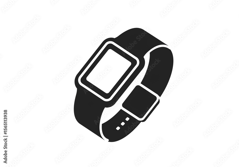 A black and white graphic illustration of a smart watch with a square face and a band design A black and white graphic illustration of a smart watch with a square face and a band design
