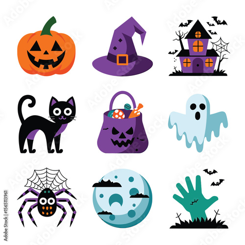 2d vector illustration Halloween t shirt icon design items ghost character Candles in carved pumpkin
