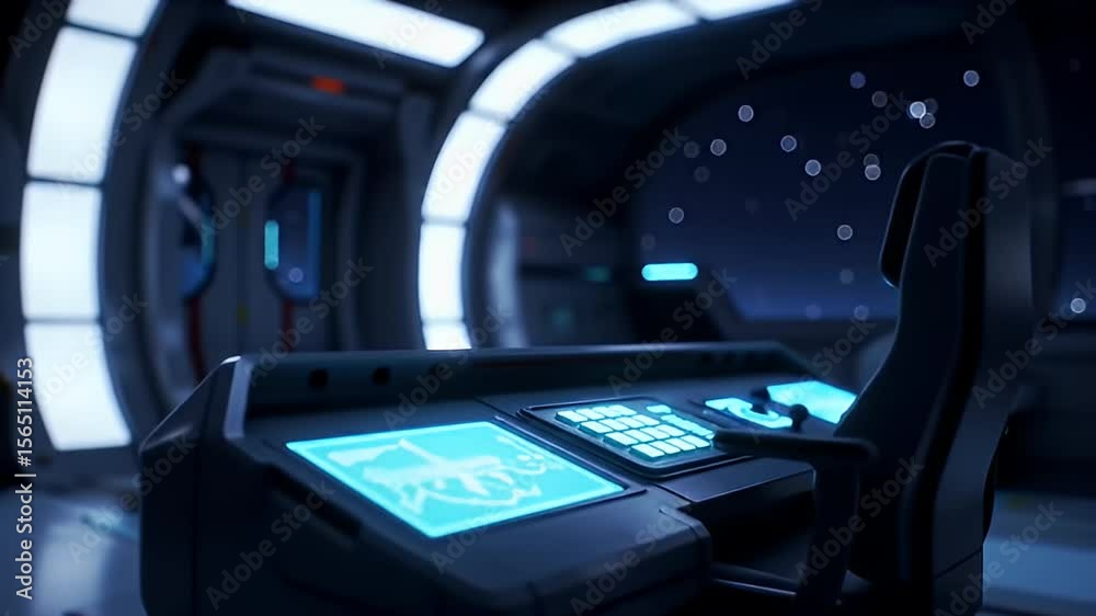 Futuristic control room features illuminated screens and a view into outer space