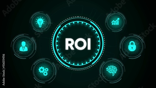 Visual representation of roi with associated business concepts and futuristic digital elements