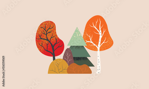 Trendy art style abstract autumn banner, poster, cover, card with bright beautiful autumn forest, trees. Fall background, template for advertising, sales, web and social media, print