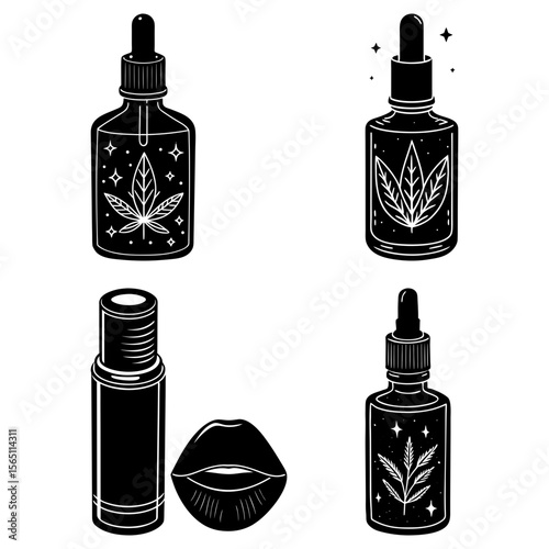 Black and white illustration of cannabis oil bottles, lipstick, and lips on a white background design