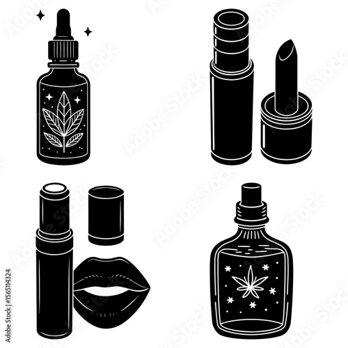 Illustration of cannabis infused beauty products including lip balm and oil bottles in black and white
