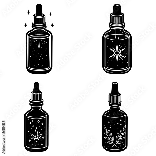 Four dropper bottles with different designs including stars, cannabis, and leaves in black and white style