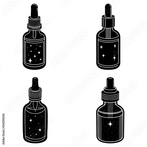 Four black and white dropper bottles with star designs on the labels in a square composition