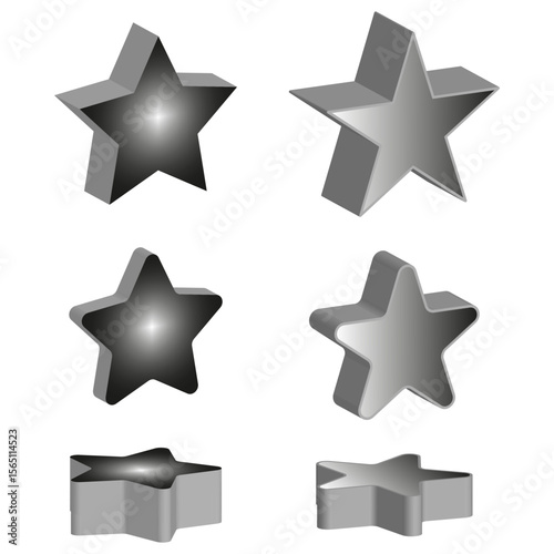 Shaded star icons. Metallic cube shapes. Greyscale volume Vector. Simple form set.
