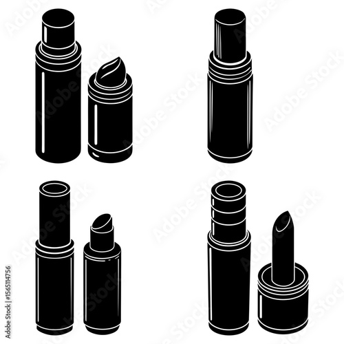 Illustration of four sets of lipstick tubes in black and white showcasing cosmetic products and design elements