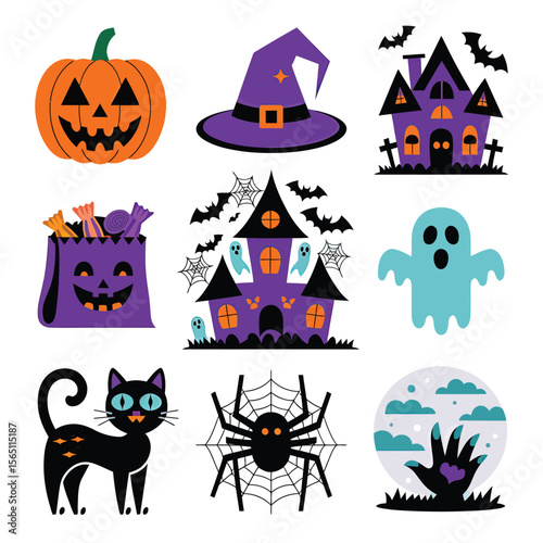 2d vector illustration Halloween t shirt icon design items ghost character Candles in carved pumpkin
