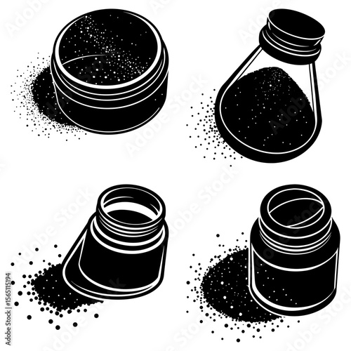 Four black and white containers with powder spilling out on a white background in vector format