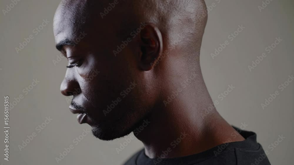 Close-up profile of african american black man exuding confidence with a focused expression. His smooth skin contrasts with a plain background, capturing a moment of introspection and strength Close-up profile of african american black man exuding confidence with a focused expression. His smooth skin contrasts with a plain background, capturing a moment of introspection and strength