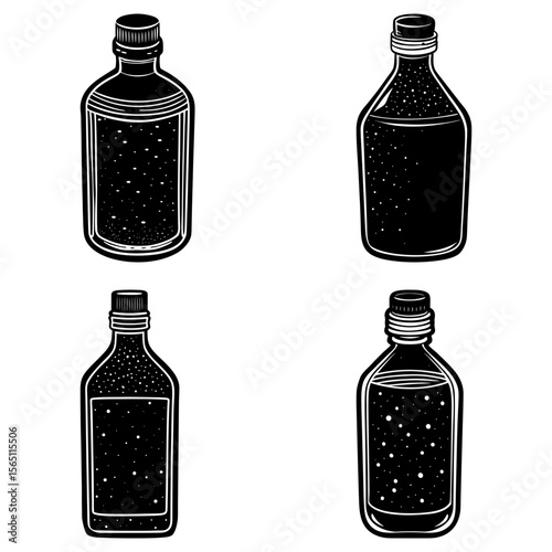 Four black and white bottles with liquid and caps arranged in a square formation on white background