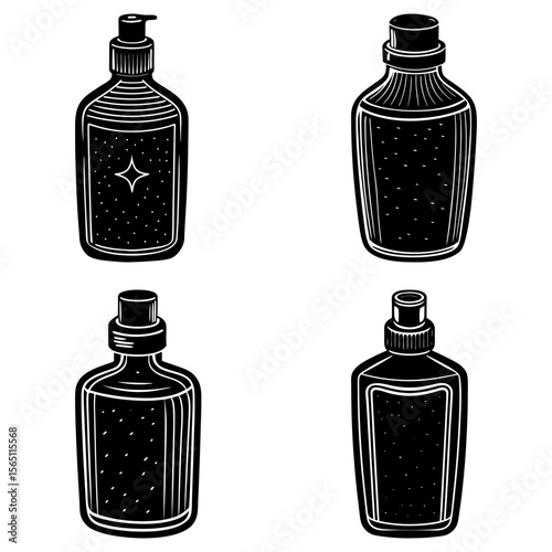 Four monochrome bottles with different shapes and dispensing mechanisms in a vector illustration