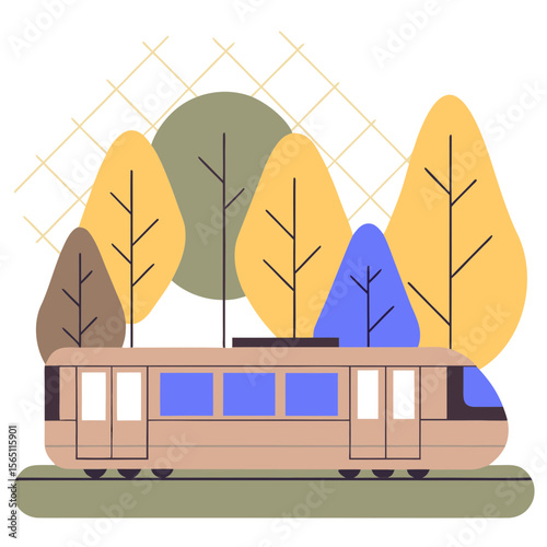 Tram in autumn park with colorful trees flat illustration