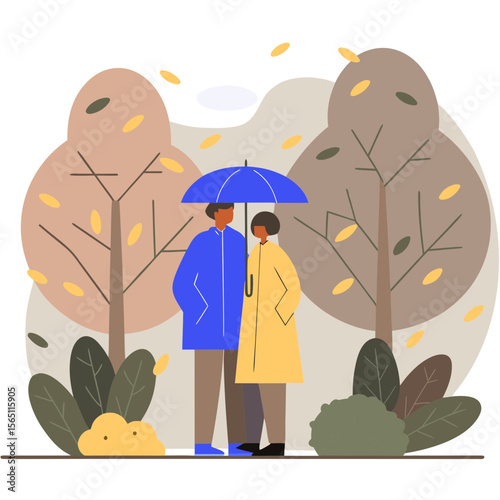 Couple under umbrella in autumn park flat illustration