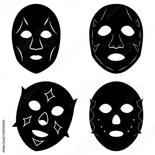 Four black face masks with different designs and shapes displayed on a white isolated background set up in a grid