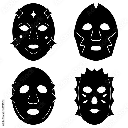 Four black and white graphic face masks with unique designs and shapes displayed on a white background