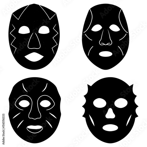 Four black and white tribal masks with unique designs and facial features arranged in a square pattern