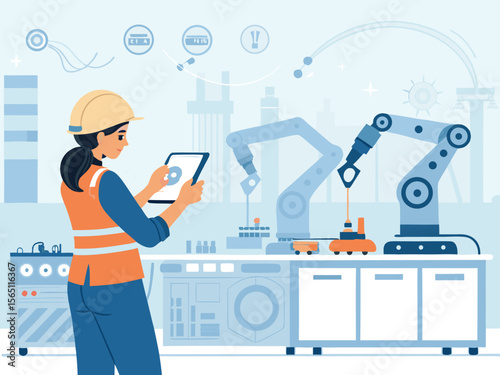Cartoon vector illustration of a construction worker with a blueprint on a building site