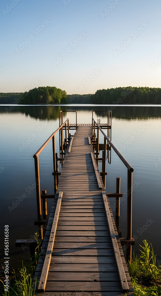 Fototapeta premium Wooden pier extends into calm lake, reflecting the surrounding trees and sky.