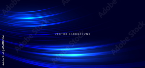 Speed motion movement horizontal blue curved lines on drak blue background with sparkle.