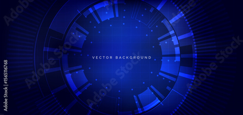 Circle hi tech neon blue light ray on dark blue background. Futuristics technology concept.