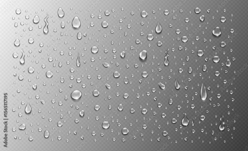 Realistic water drops on transparent background, ideal for weather effects, glass textures, or moisture design elements.