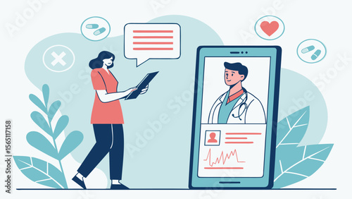 Telemedicine and remote healthcare – flat vector illustration of female patient consulting doctors online