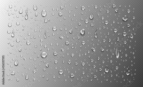 Realistic water drops on transparent background, ideal for weather effects, glass textures, or moisture design elements.
